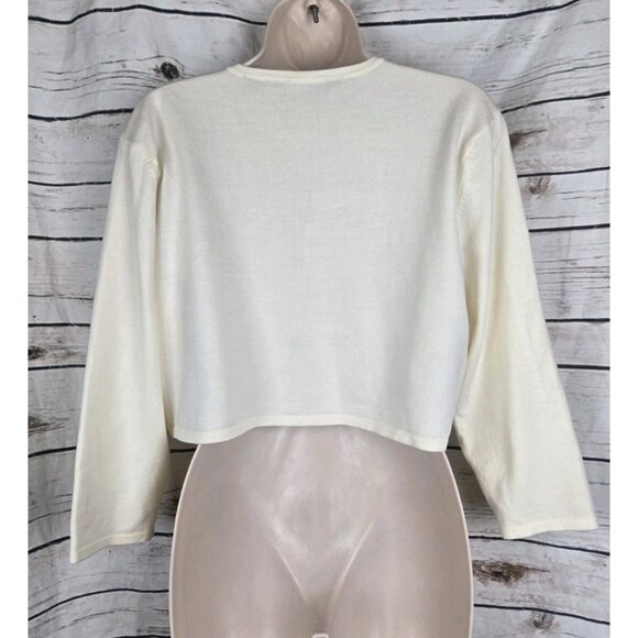 Vintage Eva Blue Ivory Beaded Sweater Cardigan XL Cropped Coquette Sequins - Picture 6 of 7